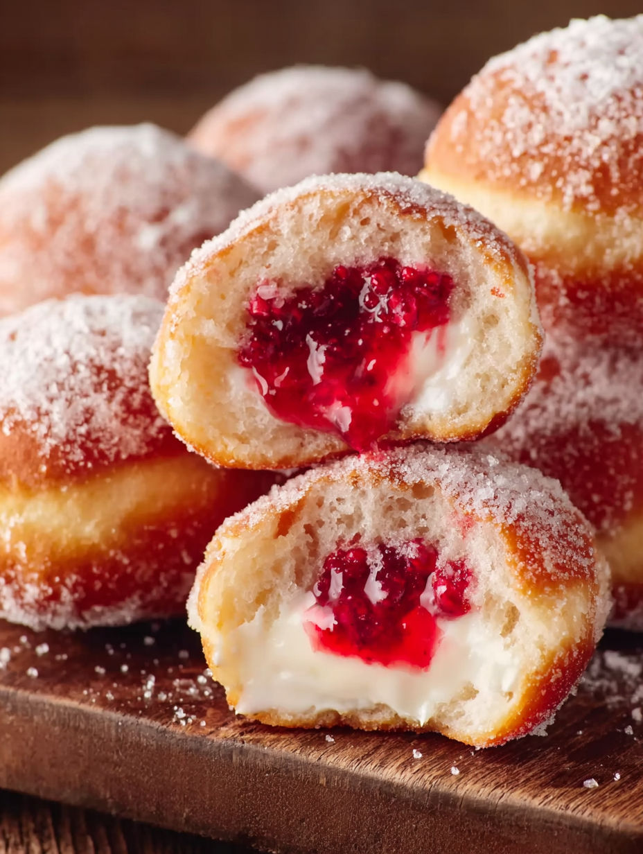 A close up of a donut with jelly and cream.