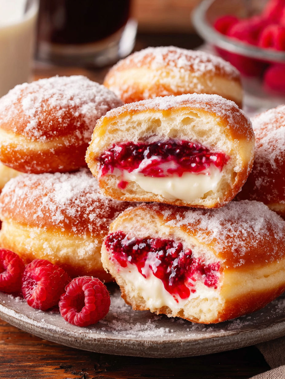 A plate of donuts with jelly and powdered sugar.