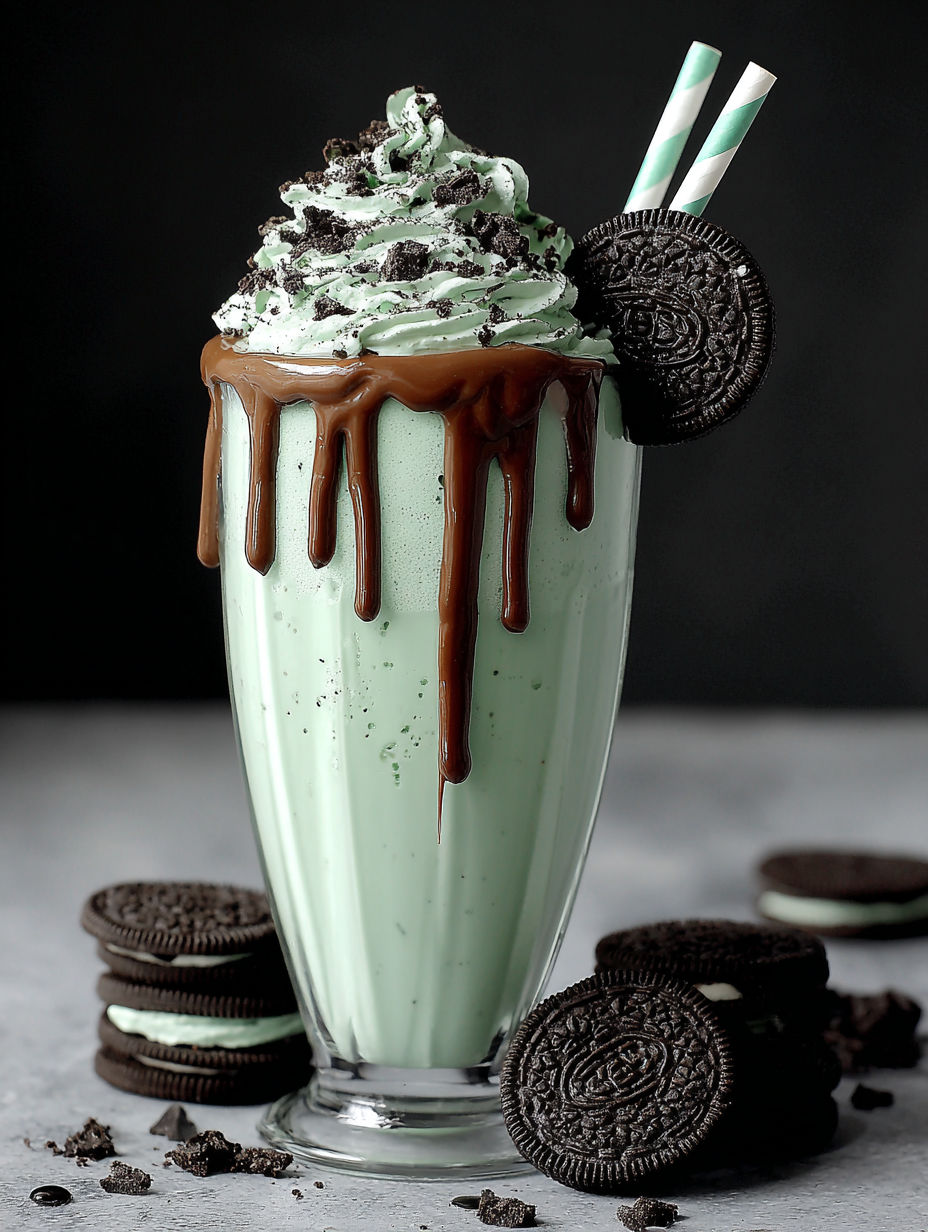 A green milkshake with chocolate drizzle and cookies and cream on top.