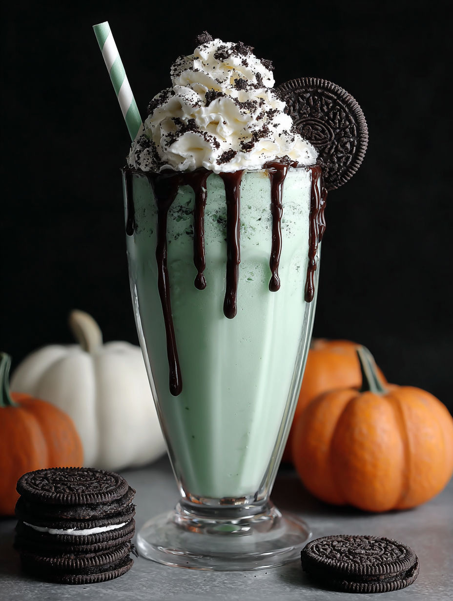 A green milkshake with chocolate drizzle and whipped cream on top.