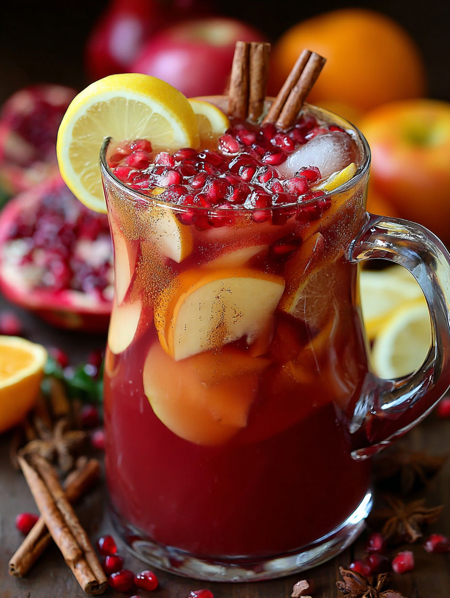 A glass of Autumn Harvest Punch with a lemon wedge and cinnamon stick.