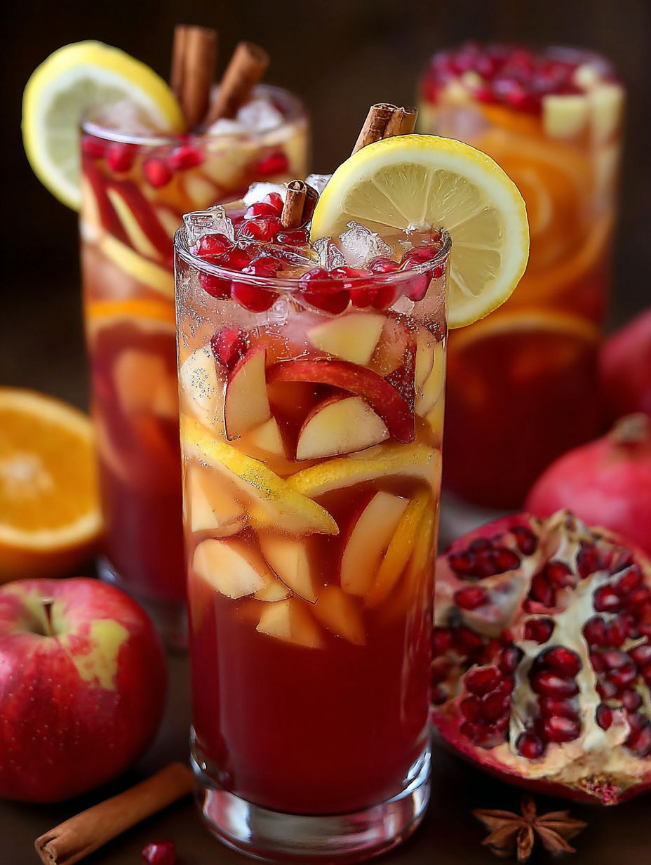 A glass of Autumn Harvest Punch is filled with fruit.