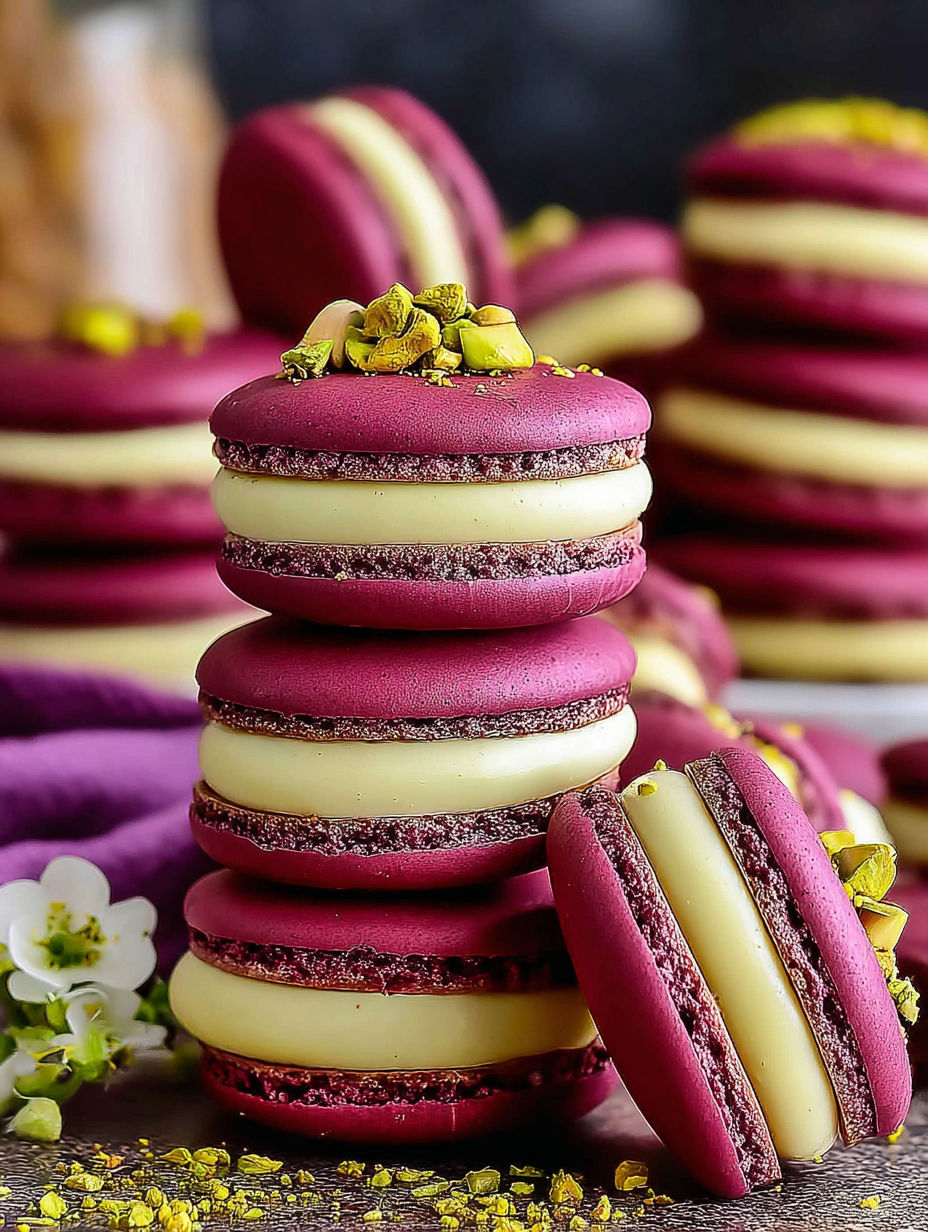 A stack of macarons with pistachio and raspberry toppings.