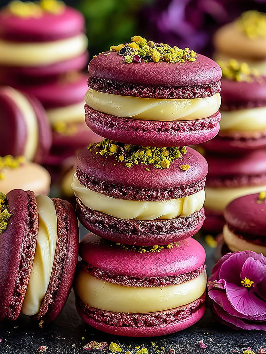 A stack of macarons with pistachio and raspberry flavors.