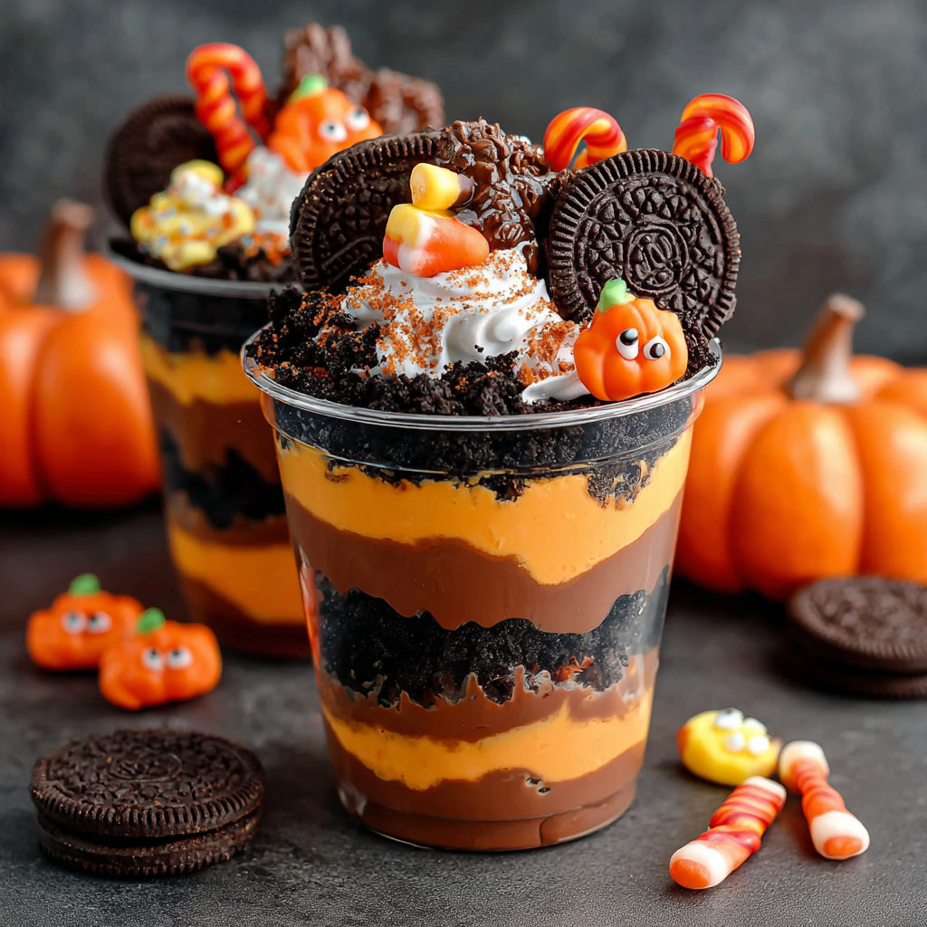 A cup of pumpkin patch dirt with a pumpkin on top.