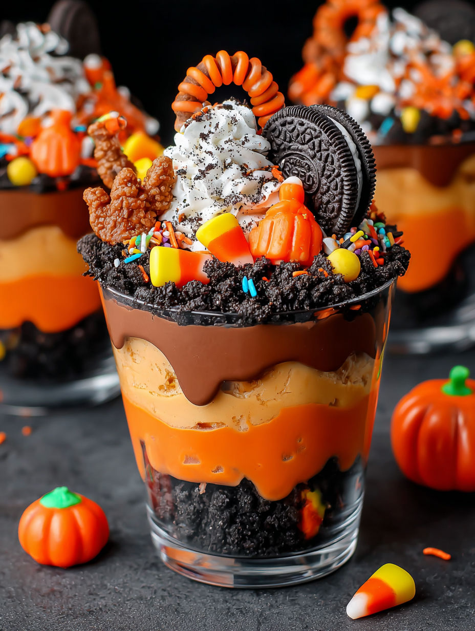 A glass of chocolate and caramel dessert with a cookie on top.