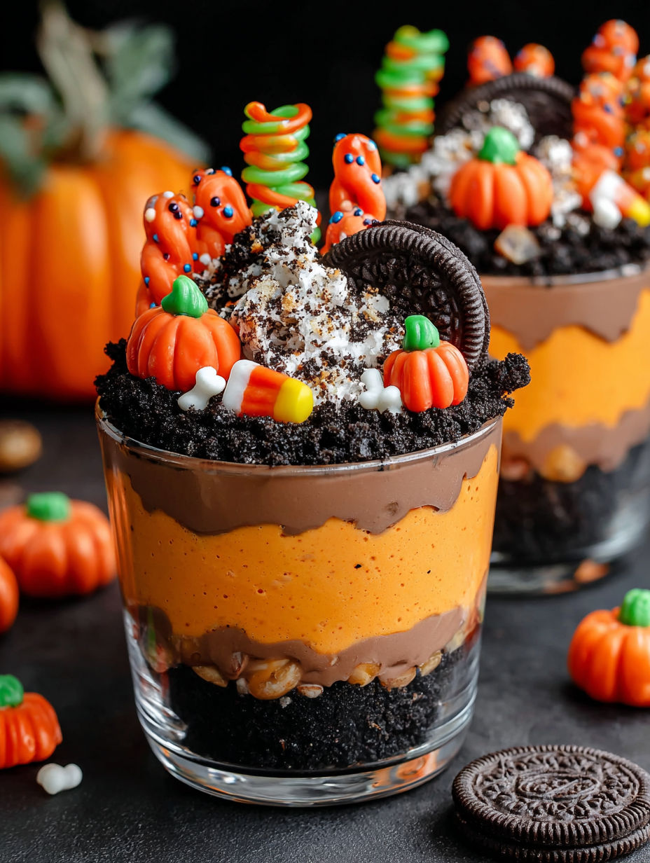 A glass of chocolate and caramel dessert with a pumpkin on top.