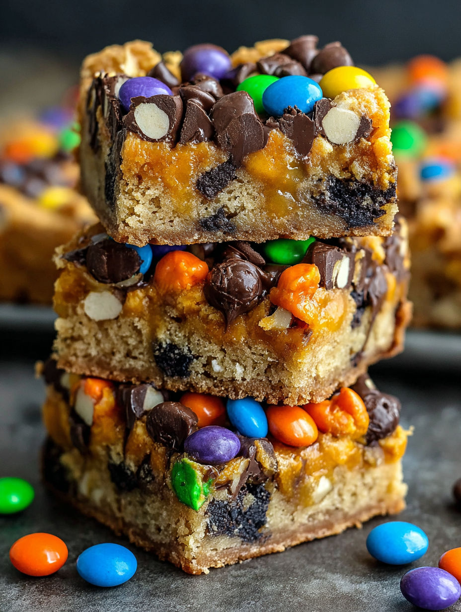 A stack of three Monster Mash Cookie Bars.