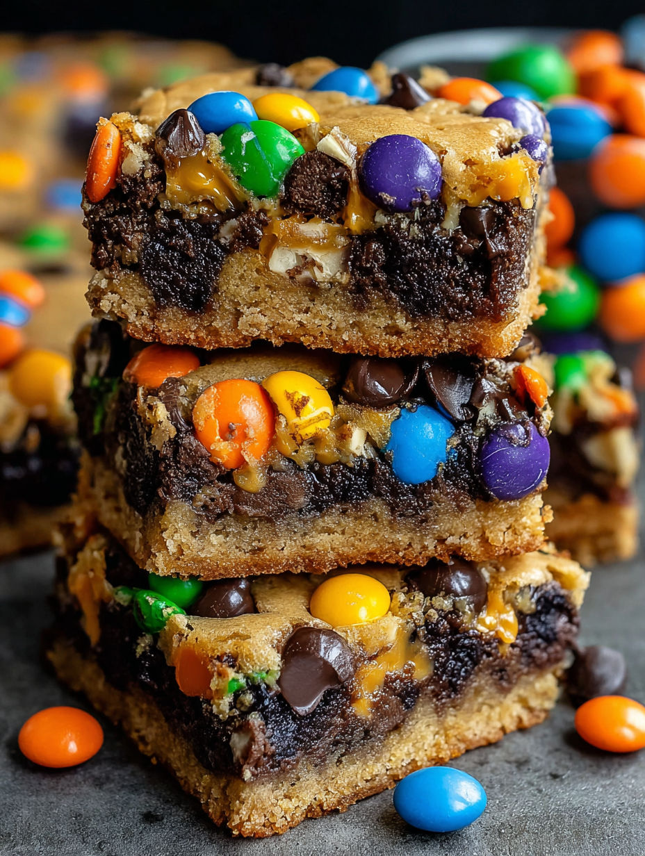 Three stacked bars of chocolate chip and M&M cookie bars.