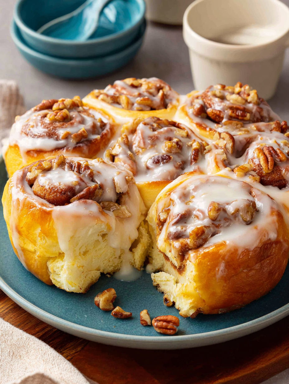 A plate of pecan cinnamon rolls.