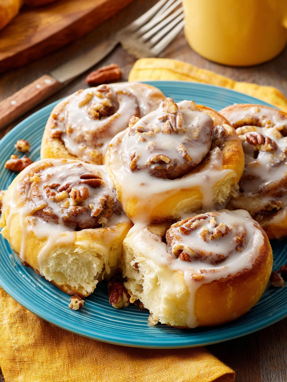 A plate of pecan cinnamon rolls.