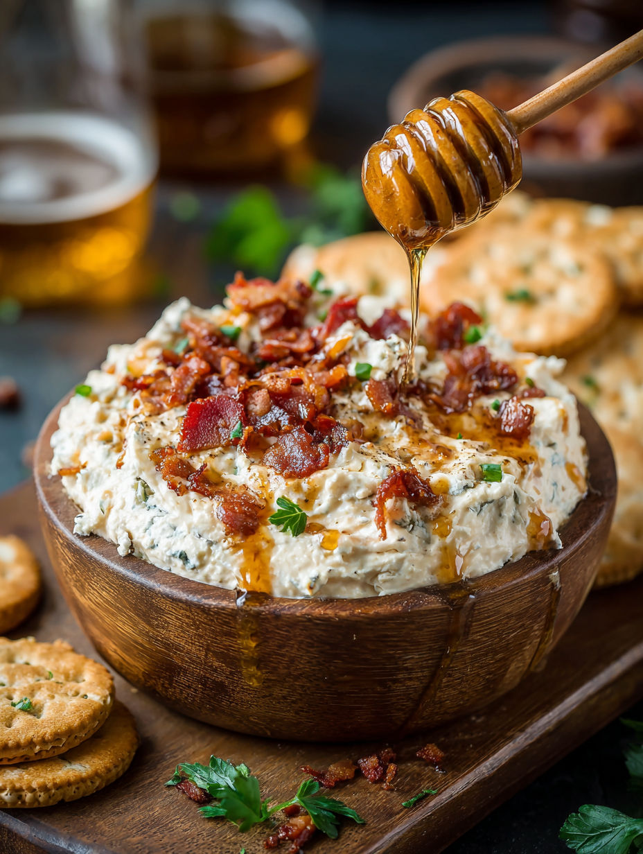 A bowl of bacon cheddar dip with honey drizzled on top.