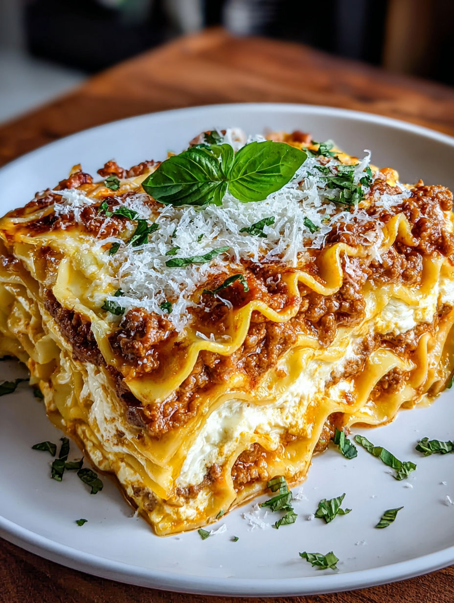A plate of lasagna with a green leaf on top.
