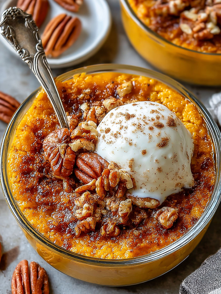A bowl of pumpkin crisp with a scoop of ice cream on top.