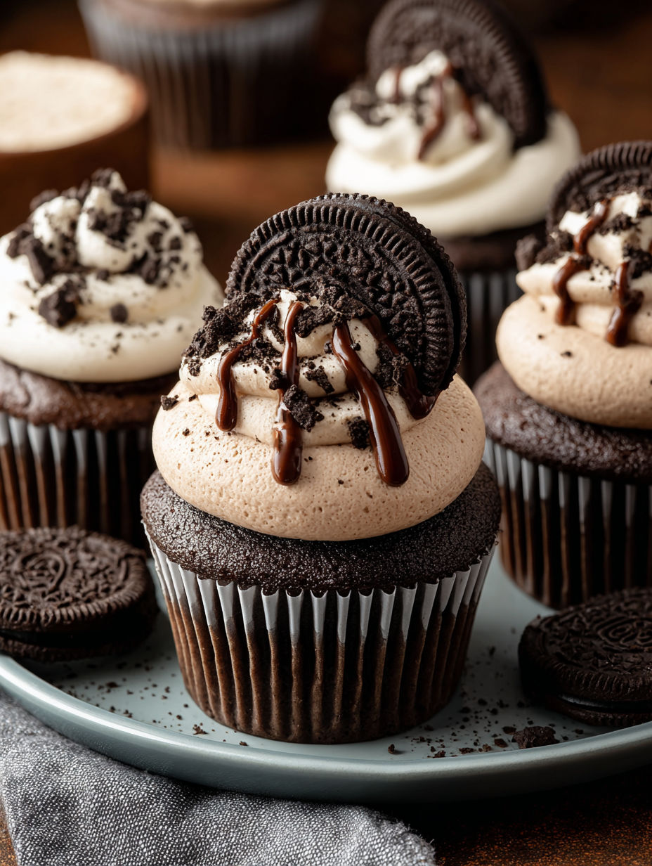A plate of cupcakes with chocolate frosting and Oreo cookies.