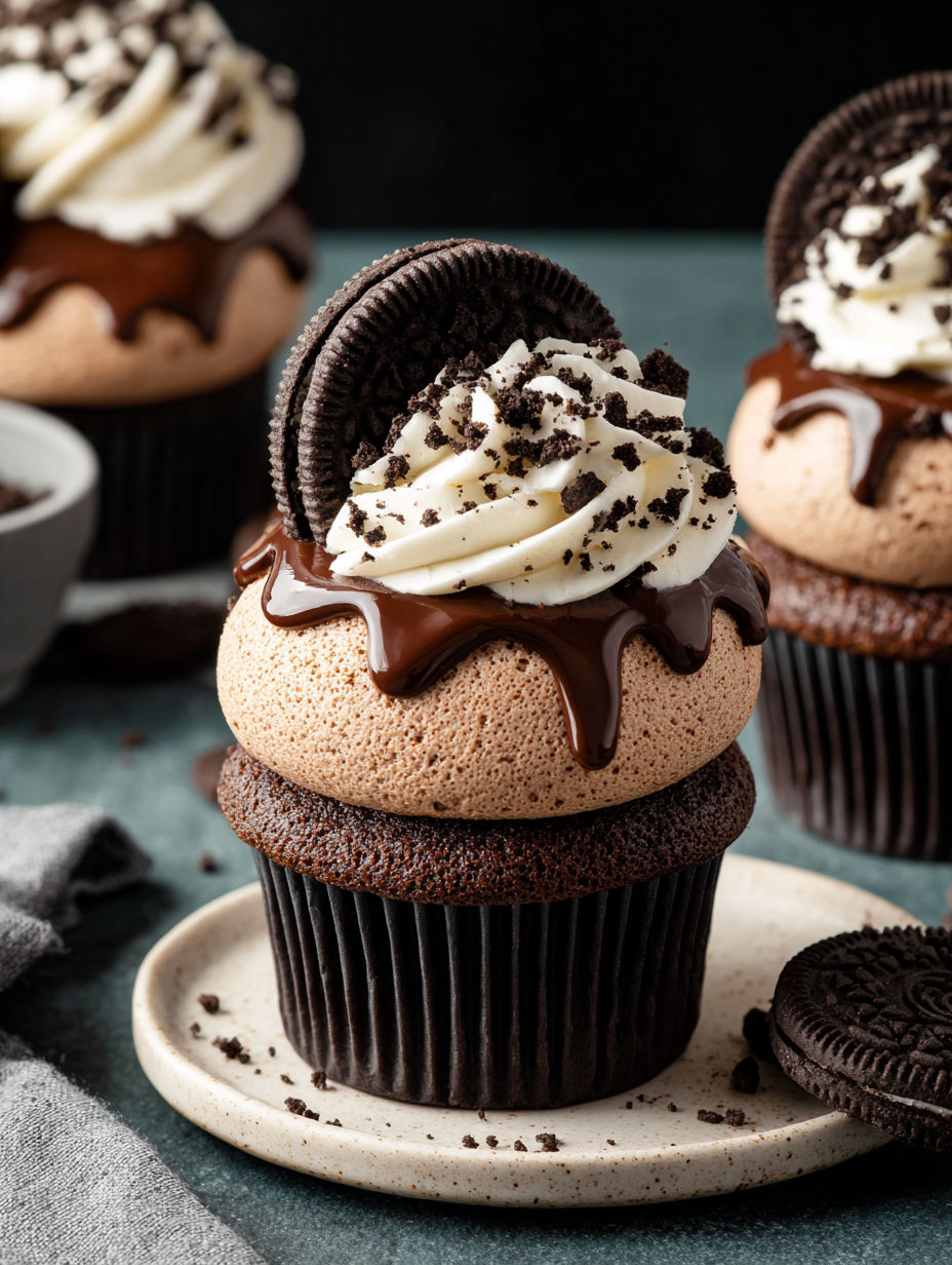 A chocolate cupcake with white frosting and chocolate drizzle.