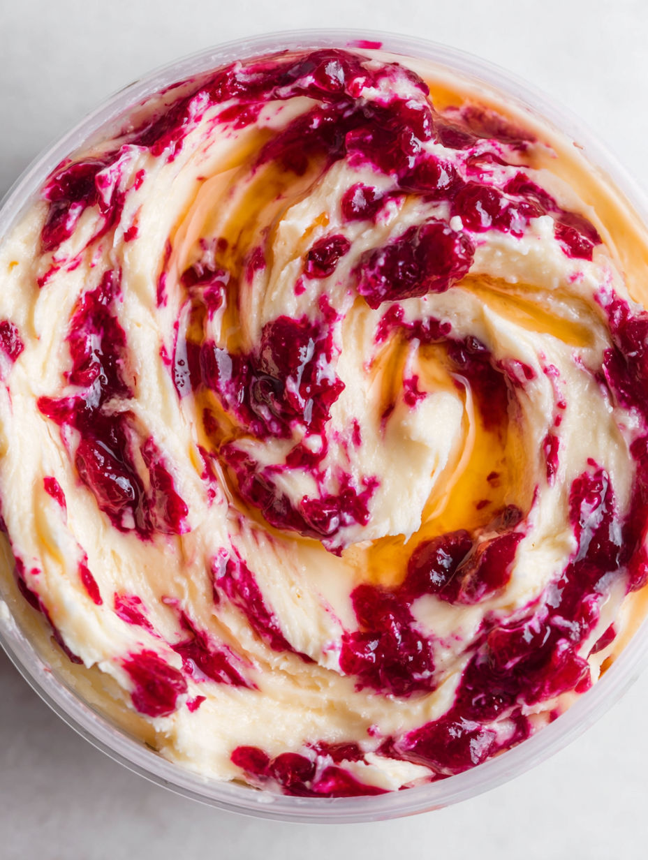 A bowl of red and white butter with a swirl pattern.