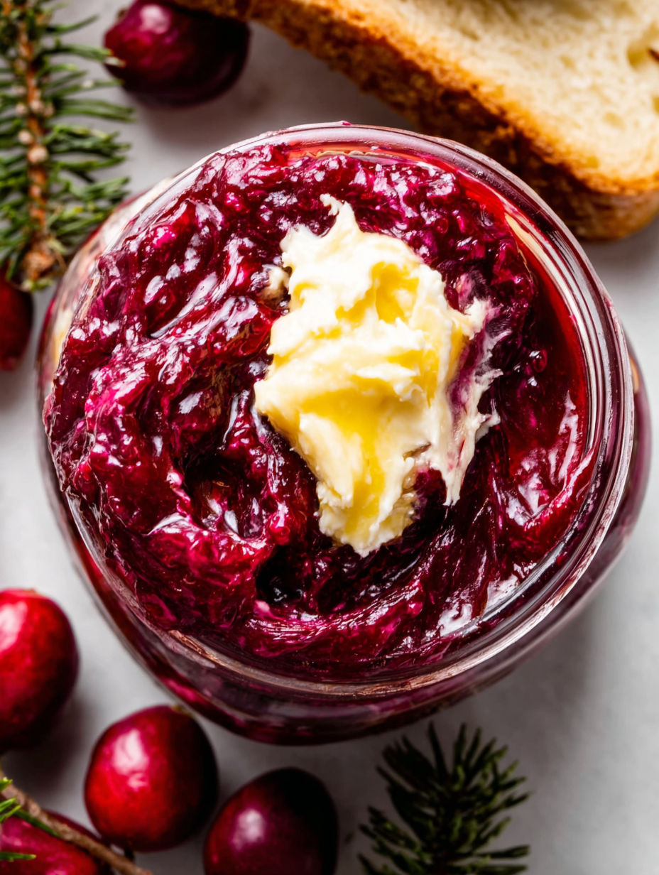 A jar of cranberry honey butter with a spoon in it.