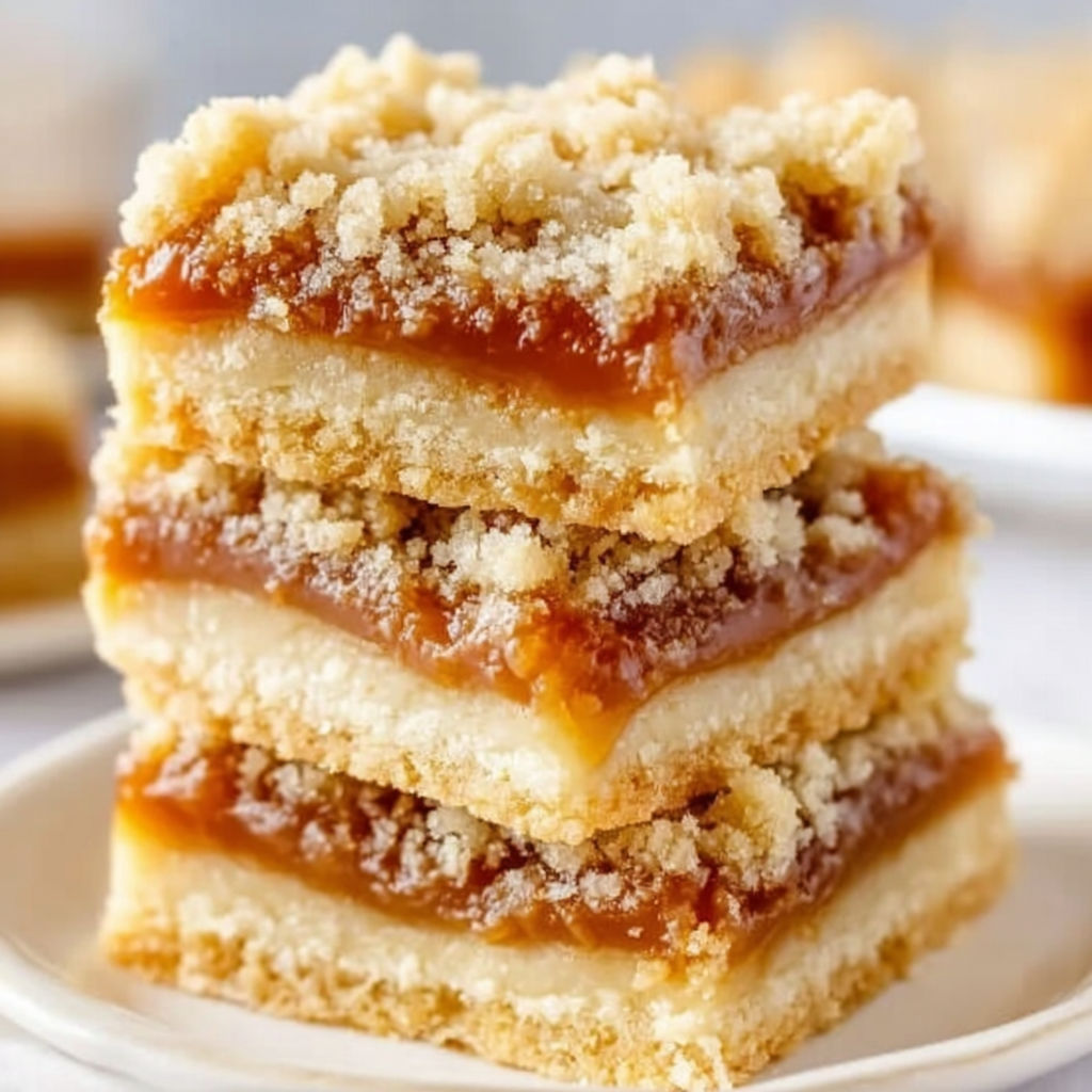 Three layers of caramel crumb bars.