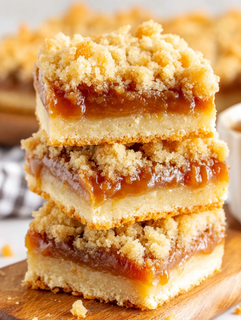 Caramel crumb bars stacked on a wooden board.