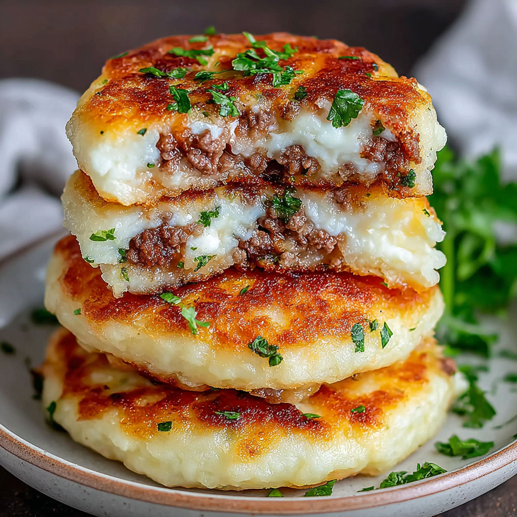 A stack of crispy mashed potato pancakes with meat on top.