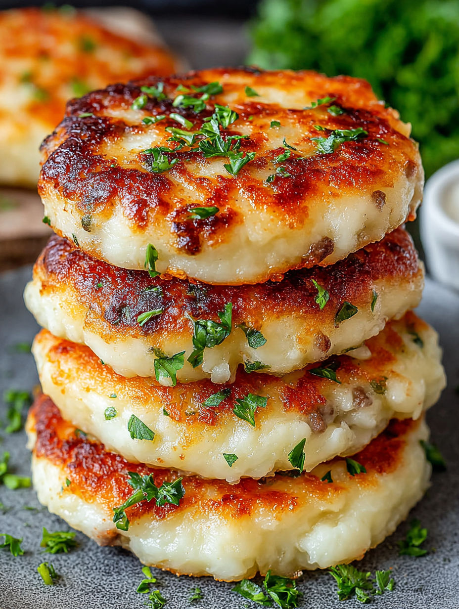 A stack of crispy mashed potato pancakes with meat on top.