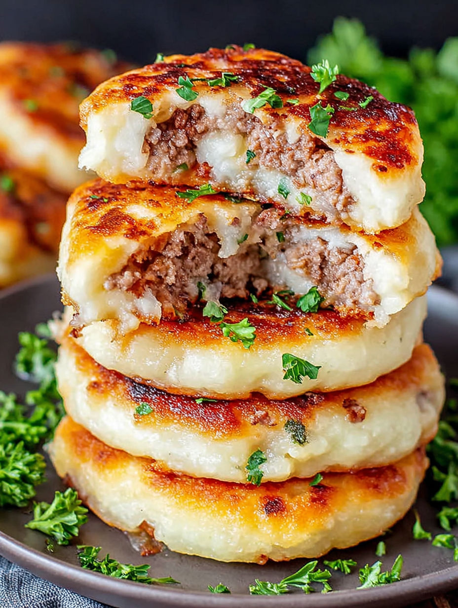 A stack of crispy mashed potato pancakes with meat on top.