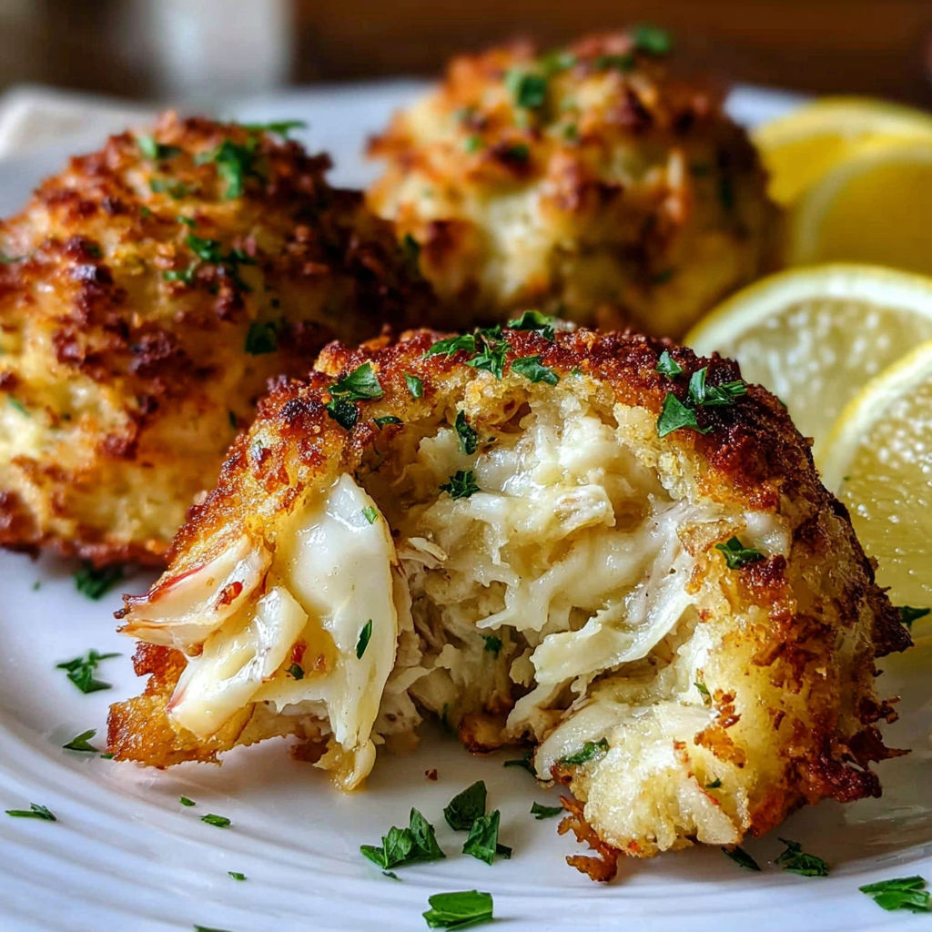 A plate of crab cakes with lemon wedges on the side.
