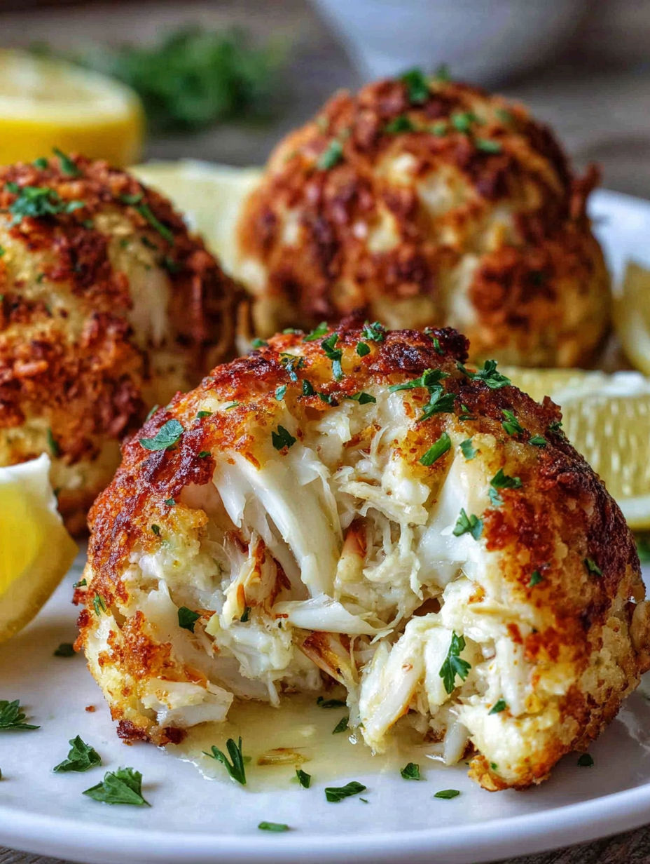 A plate of crab cakes with lemon wedges.