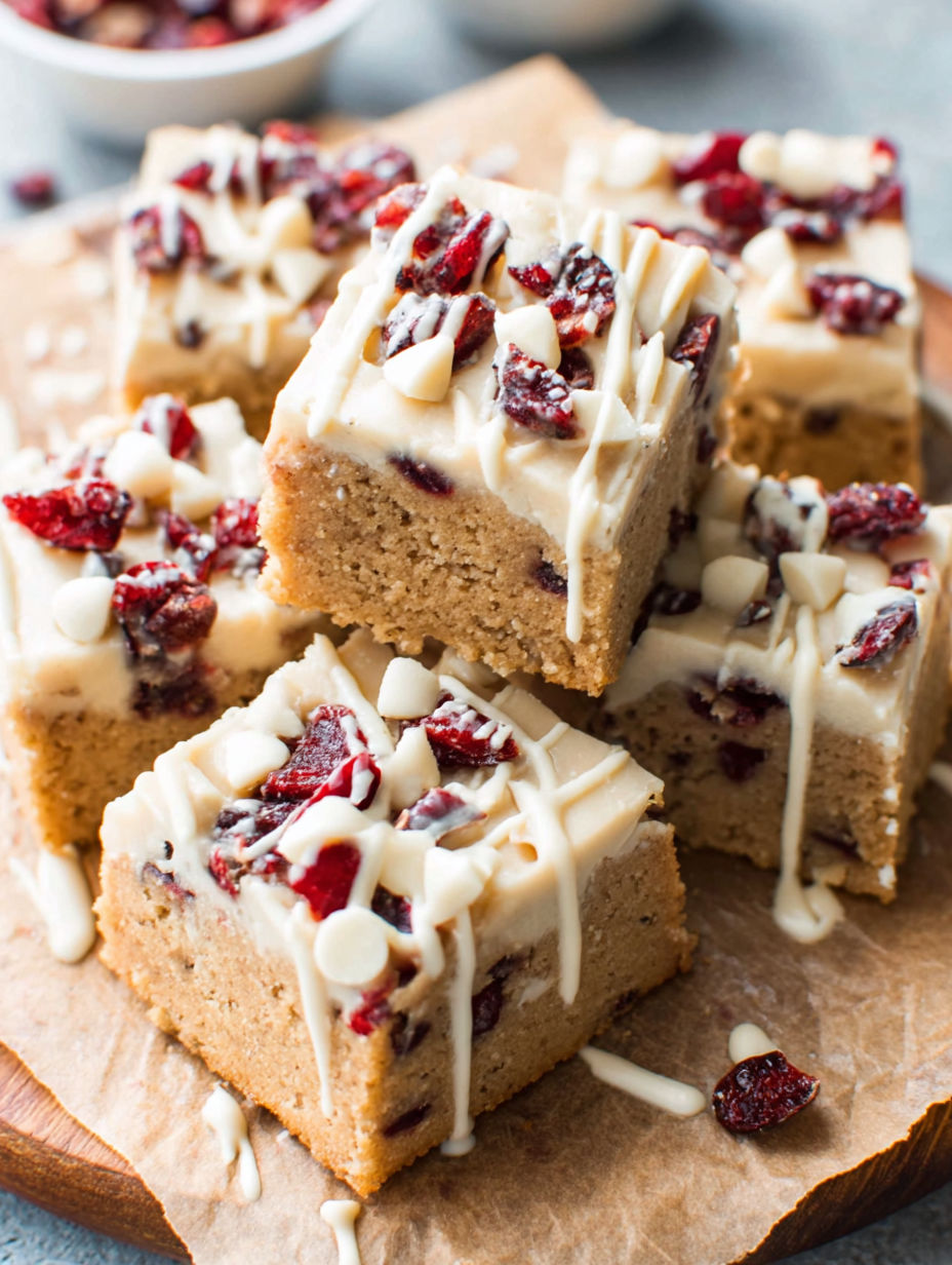 A close up of a cranberry bliss bar.