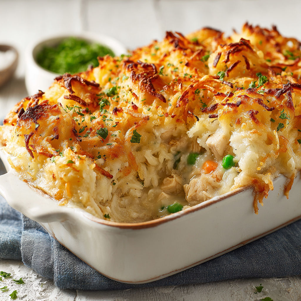 A dish of chicken shepherd's pie with hash browns.