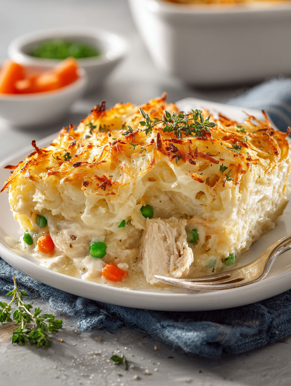 A plate of food with chicken shepherd's pie and hash browns.