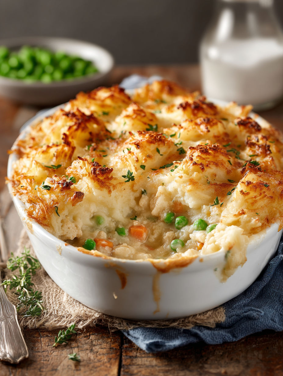 A dish of chicken shepherd's pie with hash browns.