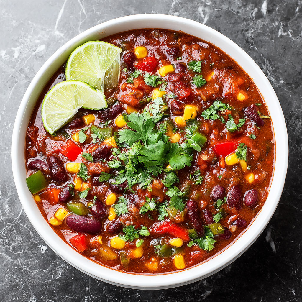 A bowl of hearty vegan chili with a spoon in it.