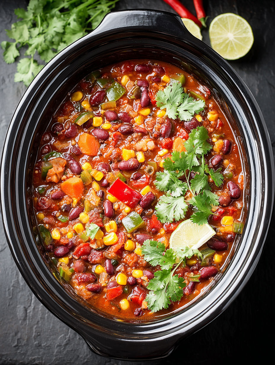 A bowl of hearty crockpot vegan chili.