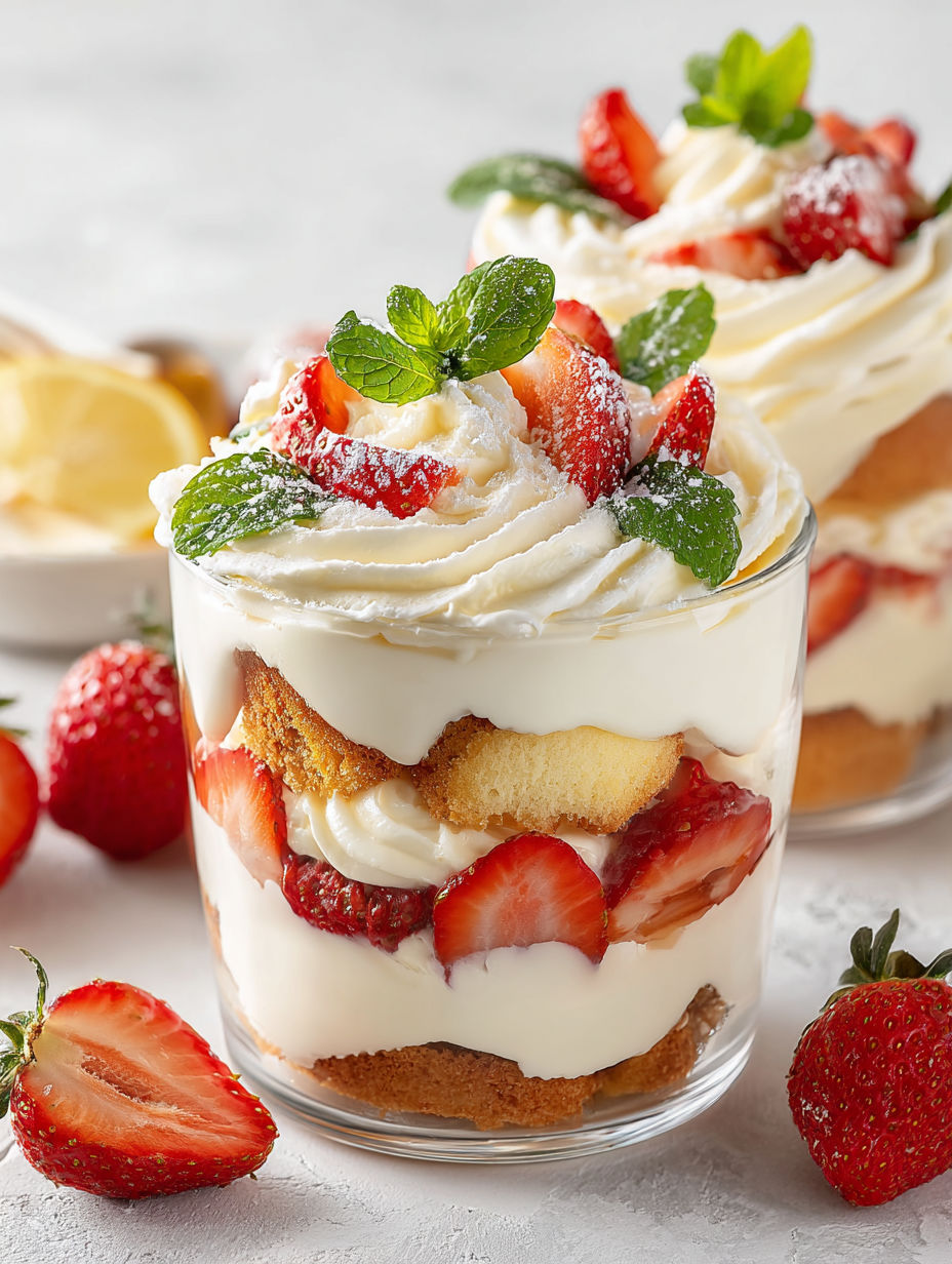 A glass of strawberry shortcake trifle.