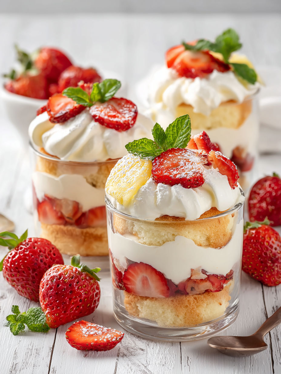 A close up of a dessert with strawberries and whipped cream.