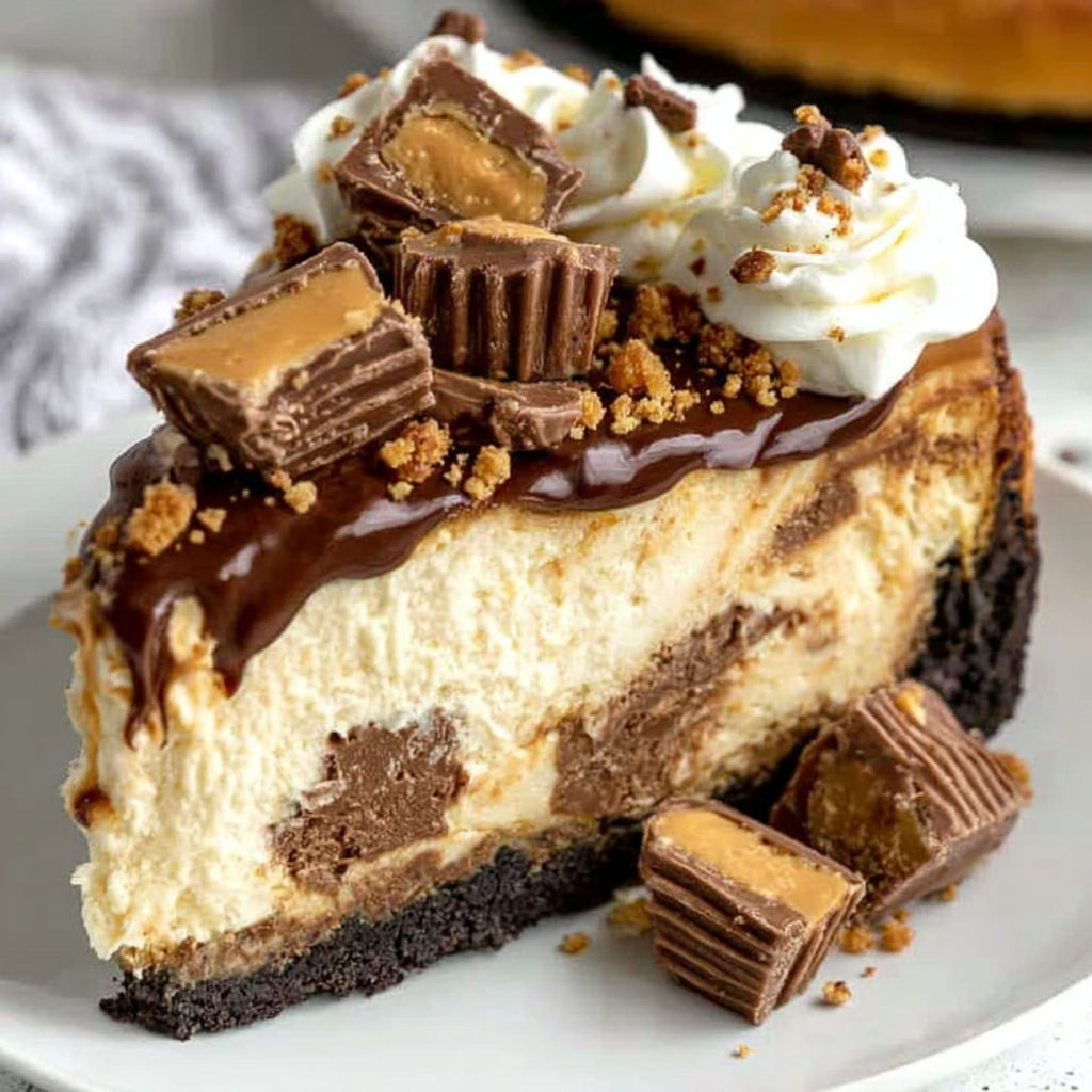 A slice of cheesecake with Reese's peanut butter cups on top.