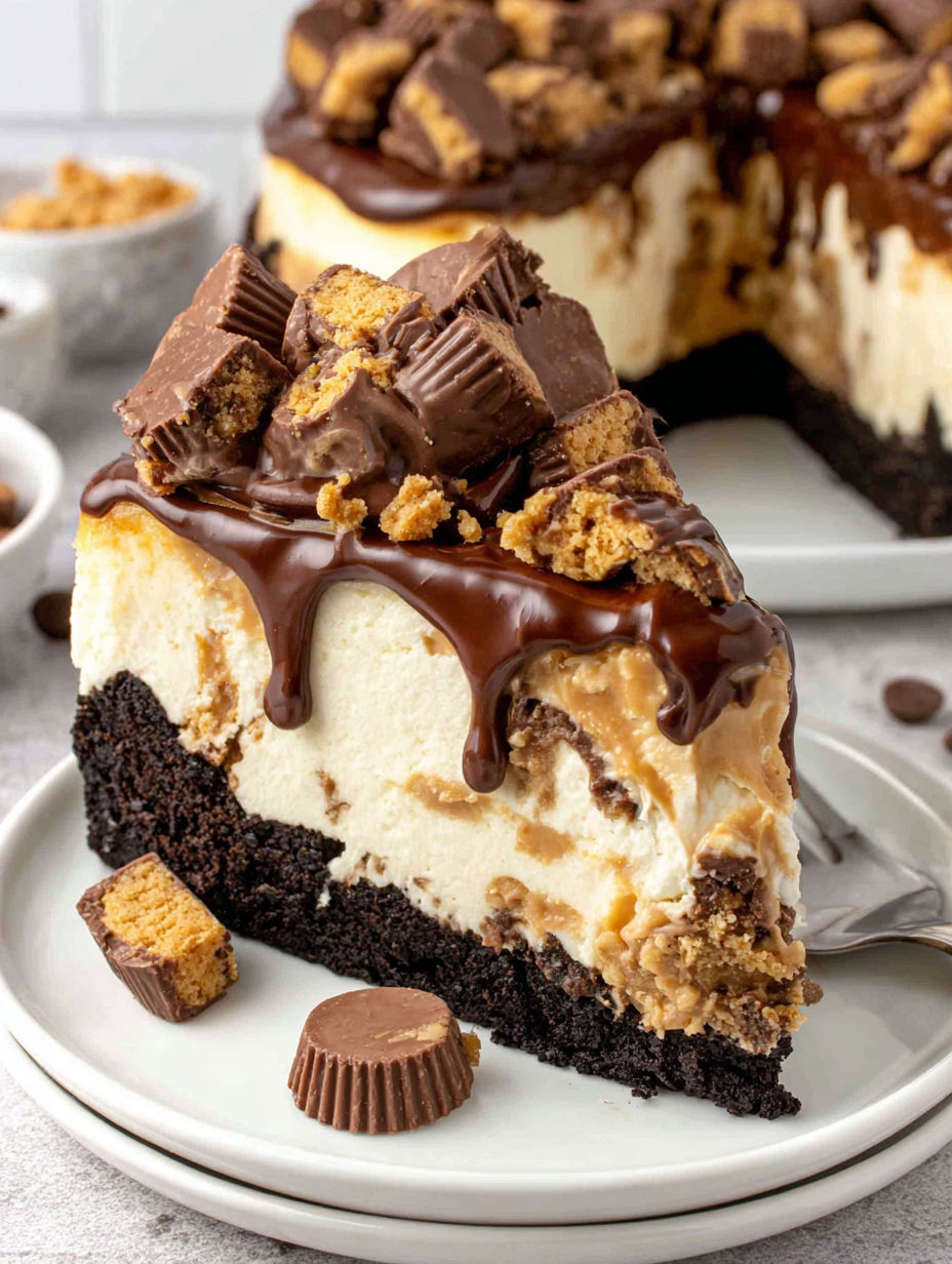 A slice of cheesecake with chocolate drizzle and peanut butter cups on top.