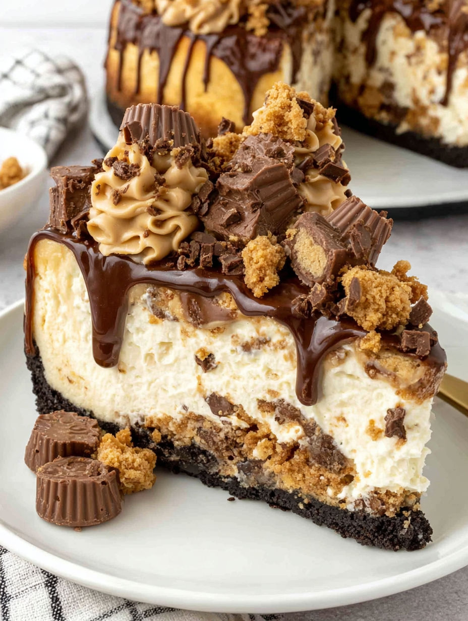 A slice of cheesecake with chocolate drizzle and topped with peanut butter cups.