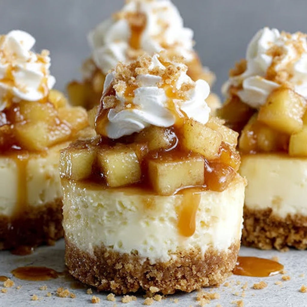 Three mini caramel apple cheesecake bites.