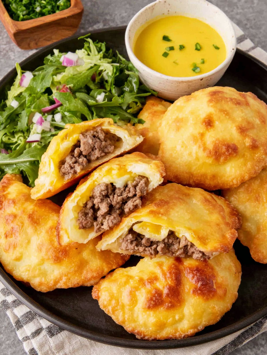 A plate of crispy stuffed sopapillas with creamy green chile bliss.