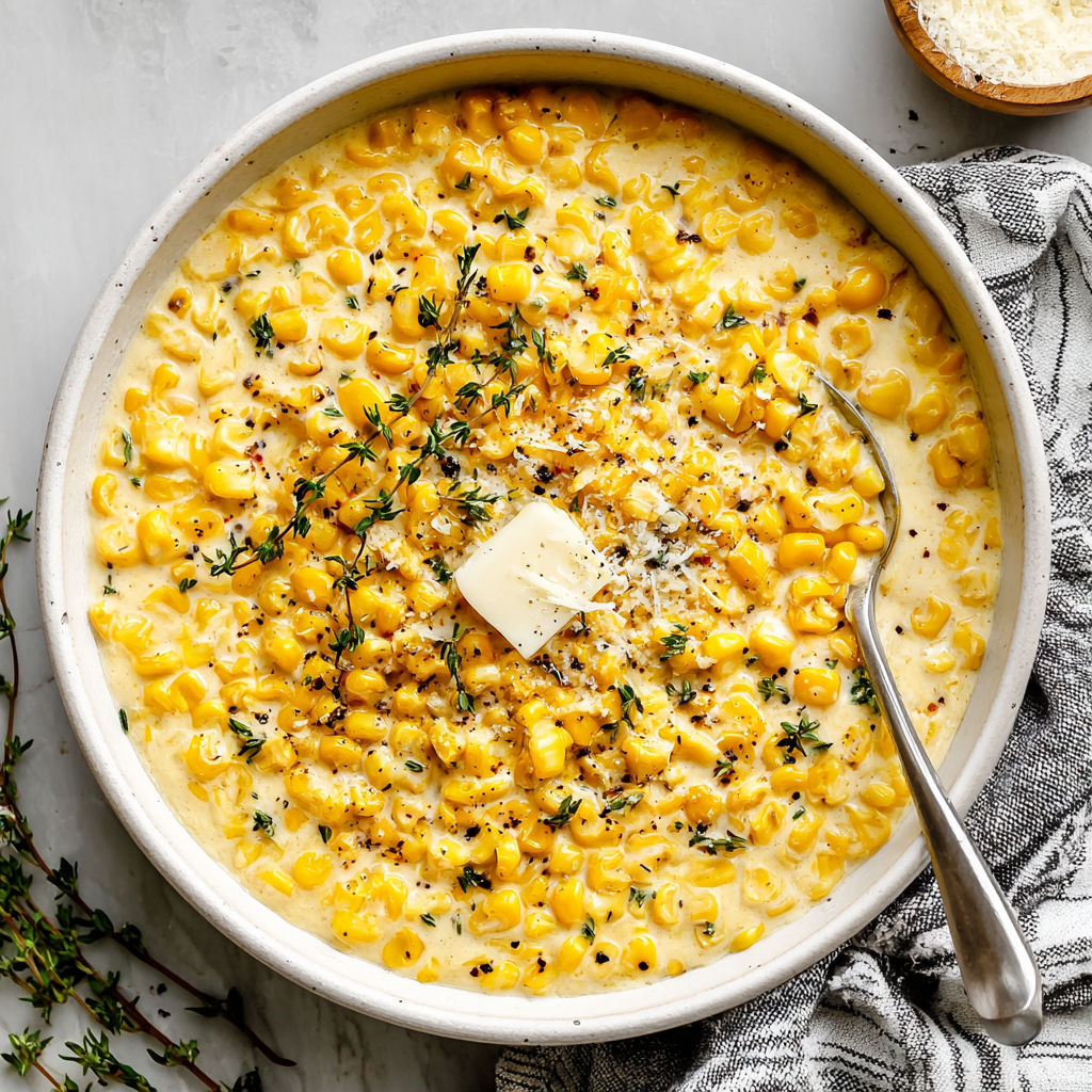 A bowl of creamed corn with butter on top.