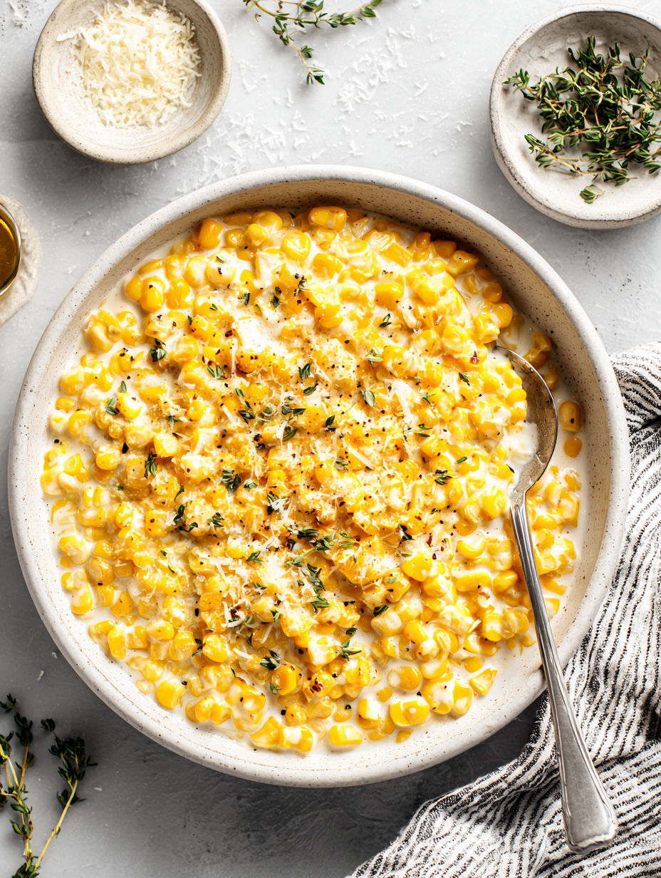 A bowl of creamed corn with a spoon in it.