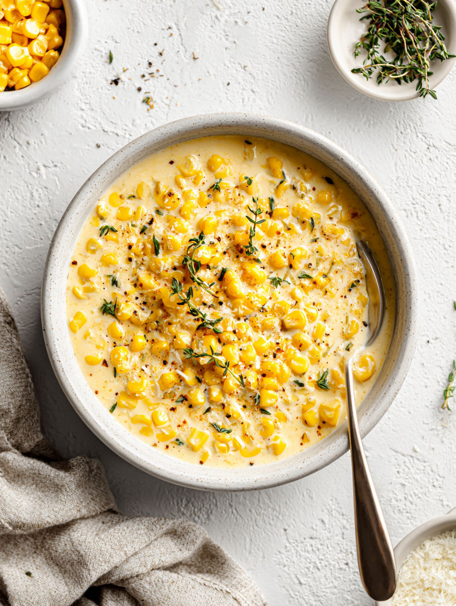 A bowl of creamed corn with a spoon in it.
