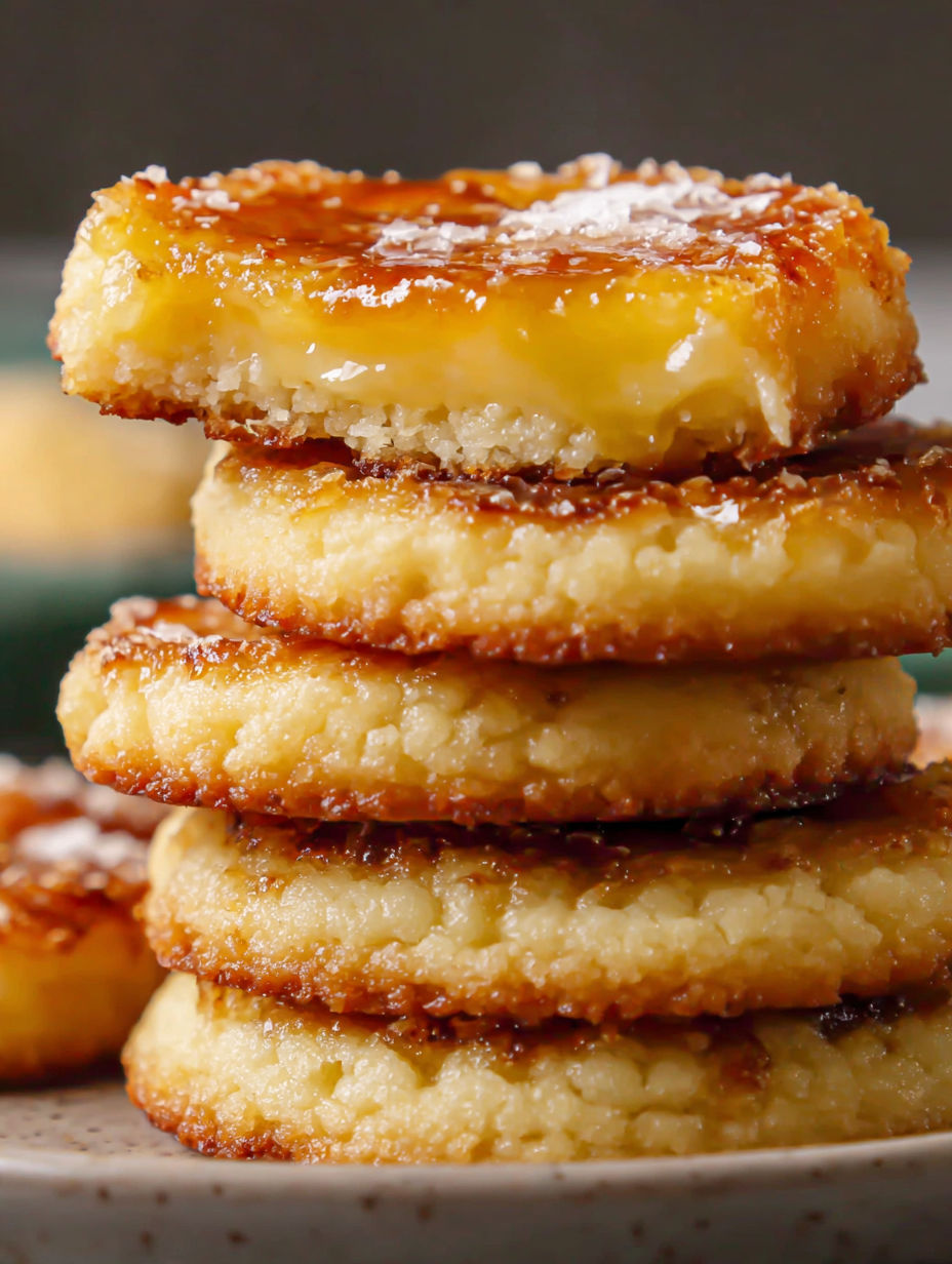 A stack of cookies with a lemon curd filling.