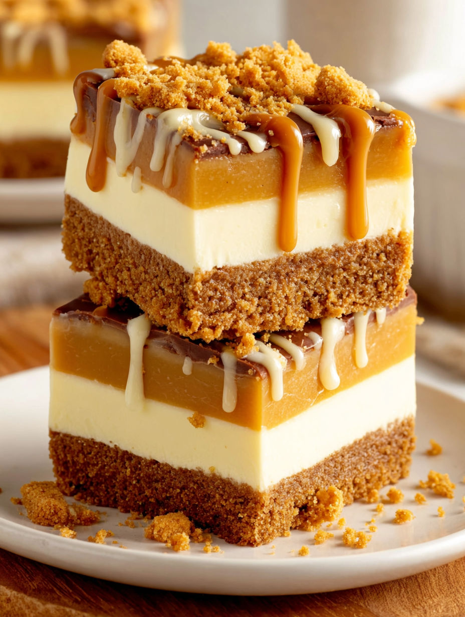A slice of biscoff cake with caramel drizzle.