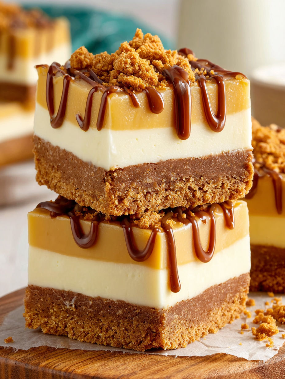 A slice of biscoff cake with chocolate drizzle.