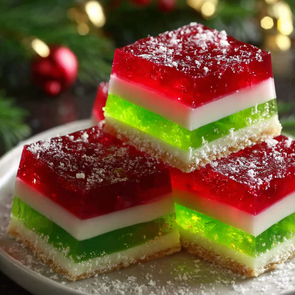 A plate of green and red jelly.