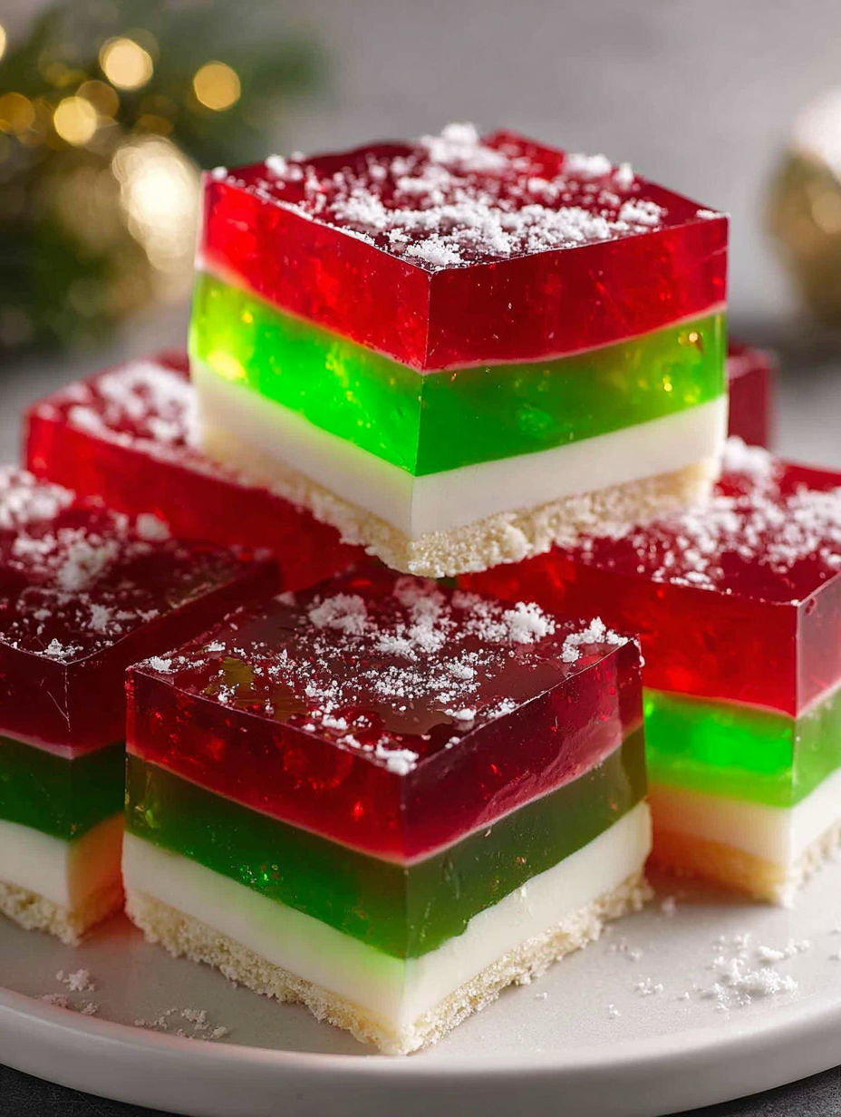 Green and red jelly cubes on a table.